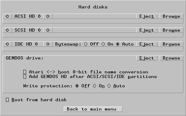 Hatari's GUI - the hard disks dialog