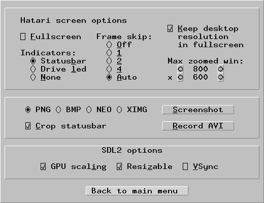 Hatari's GUI - the Hatari screen dialog
